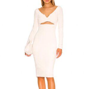 Camila Coelho Solo Dress Ivory Velour Long Sleeve Cutout Midi Bodycon Medium